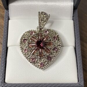 Heart Shaped Silver-Tone Filigree Pink Rhinestone & Bead Detail Necklace Pendant